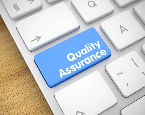 Quality Assurance - bericht op blauwe toetsenbord toetsen. 3D. — Stockfoto
