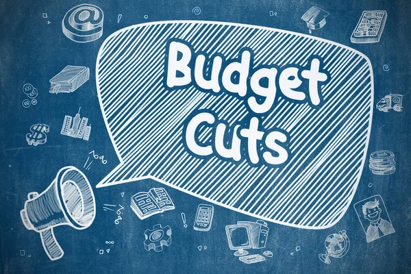 预算削减--蓝色黑板上的卡通插图. — 图库照片