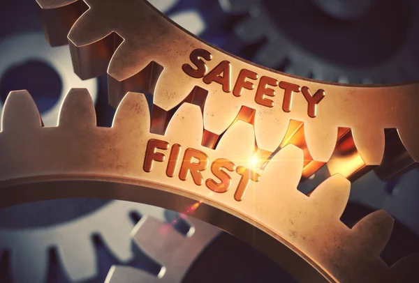 Golden Gears con Safety First Concept. Ilustración 3D . —  Fotos de Stock