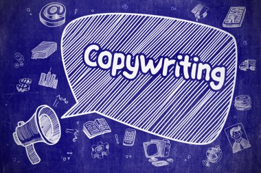 Copywriting - çizgi film illüstrasyon mavi kara tahta üzerinde.