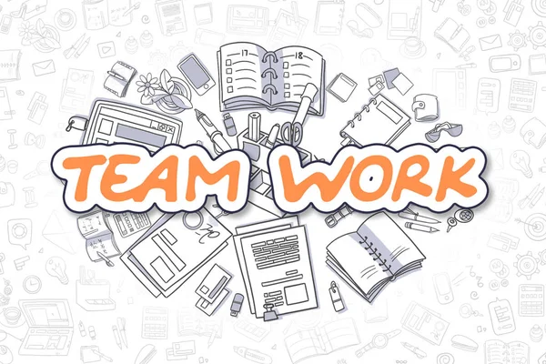Trabajo en equipo - Doodle Orange Text. Concepto de negocio . —  Fotos de Stock