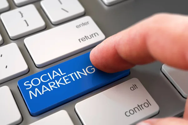 Ręka palca naciśnij przycisk marketingu społecznego. 3D. — Zdjęcie stockowe