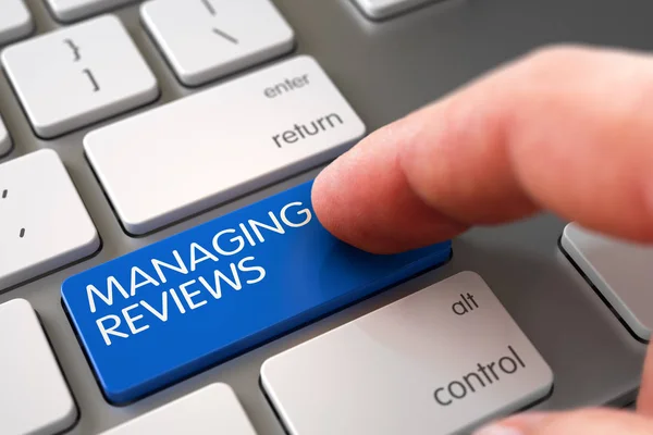 Hand Finger Press Managing Reviews Button. 3D. — Stock Photo, Image