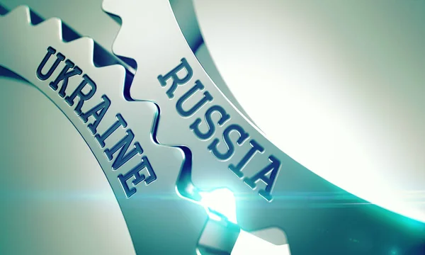 Russia Ucraina Testo sul Meccanismo delle Cogwheel Metalliche. 3D — Foto Stock