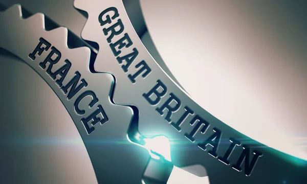 Groot-Brittannië Frankrijk - tekst op mechanisme van metalen tandwielen. 3D. — Stockfoto