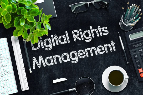 Digital Rights Management on Black Chalkboard. 3D Rendering.
