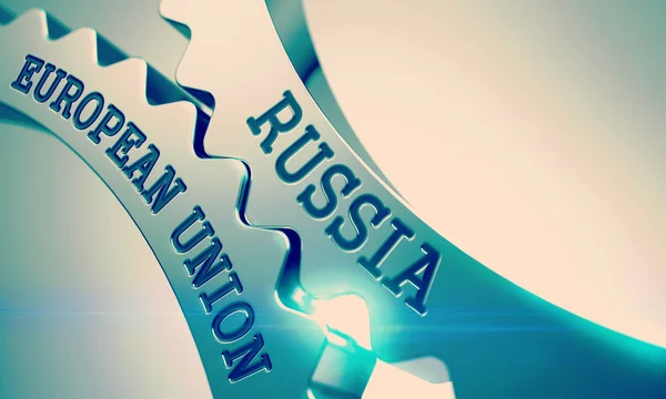 Rusland Europese Unie - tekst op mechanisme van glanzende metalen Cogwhee — Stockfoto