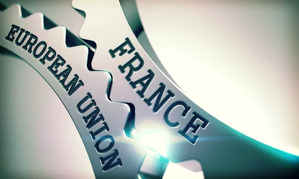 Frankrijk Europese Unie - tekst op mechanisme van metalen tandwielen. 3D — Stockfoto