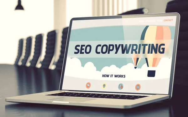 SEO Copywriting για φορητό υπολογιστή στην αίθουσα συνεδριάσεων. 3D. — Φωτογραφία Αρχείου