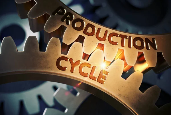 Produktionscykeln på gyllene kugghjul. 3D illustration. — Stockfoto