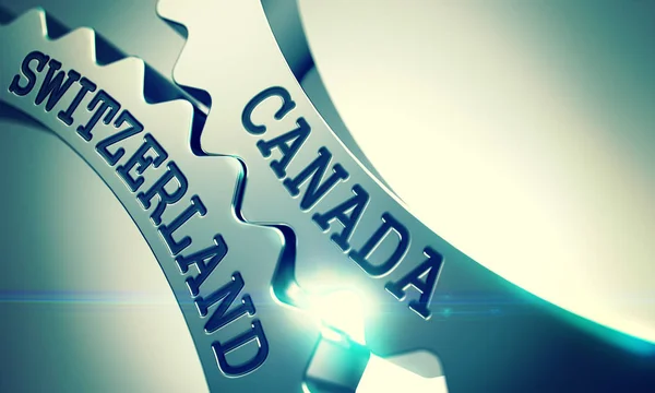 Szwajcaria Kanada - tekst na mechanizm metalowe koło zębate przekładni. 3D — Zdjęcie stockowe