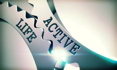 Aktif yaşam - Metal dişli dişli mekanizması üzerinde yazıt. 3D.