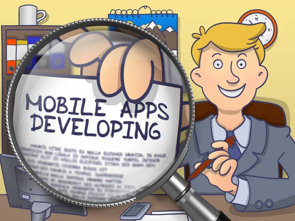 Mobile Apps Developing through Magnifying Glass. Doodle Design. — Stock Photo, Image