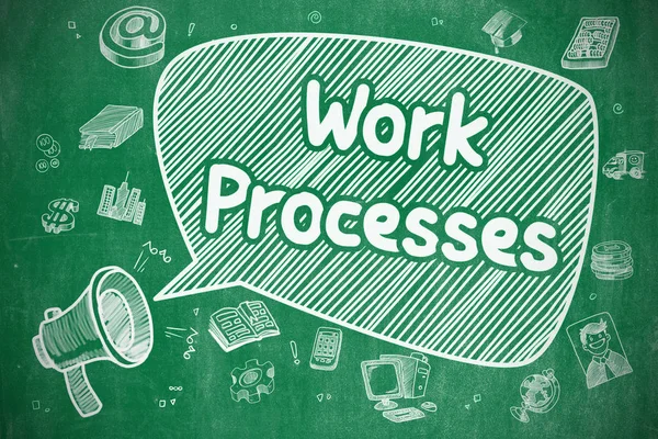 Procesos de trabajo - Ilustración de dibujos animados en pizarra verde . —  Fotos de Stock