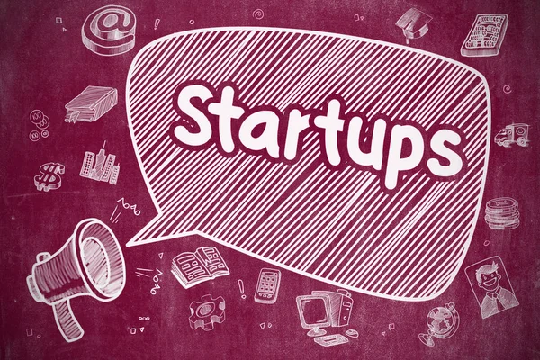 Startups - Ilustración de Doodle en pizarra roja . —  Fotos de Stock