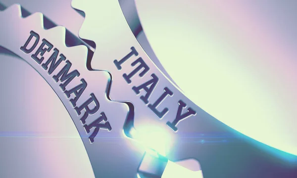 Italia Dinamarca - Mensaje sobre el mecanismo de engranajes metálicos. 3D . — Foto de Stock