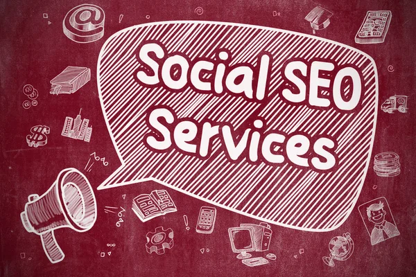 Servicios de SEO Social - Ilustración de Doodle en pizarra roja . — Foto de Stock