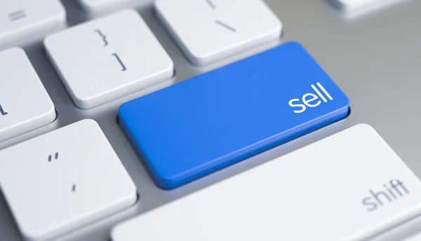 Продажа - сообщение на голубой клавиатуре кнопки. 3D . — стоковое фото