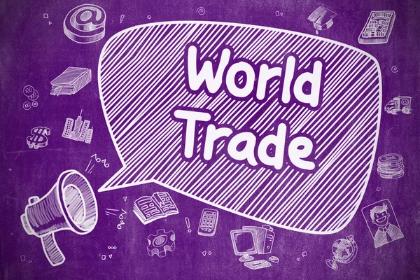 World Trade - rajzfilm illusztráció a lila Chalkboard. — Stock Fotó