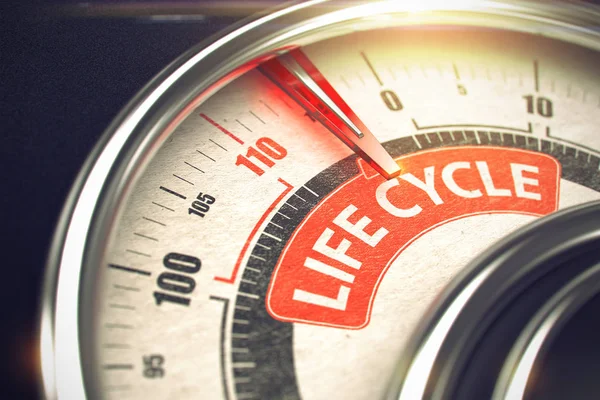 Životní cyklus - Text na koncepční měřidlo s červenými jehlou. 3D. — Stock fotografie