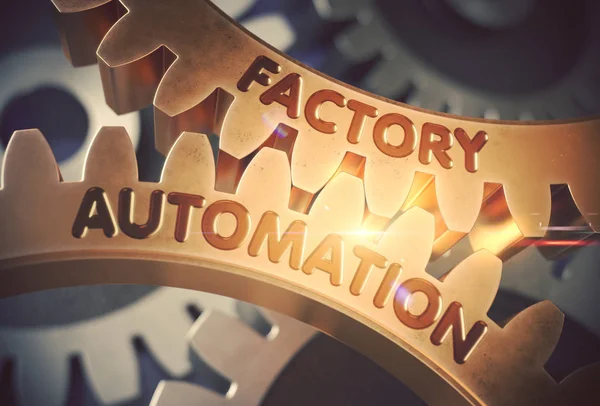 Automatización de fábrica en los engranajes dorados. Ilustración 3D . — Foto de Stock