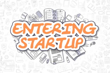 Başlangıç - girme karikatür turuncu metin. İş kavramı.