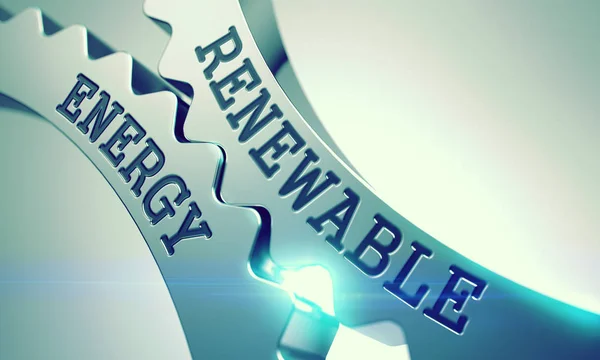 Förnybar energi - Text på mekanismen av metall koggen Gears. 3D. — Stockfoto