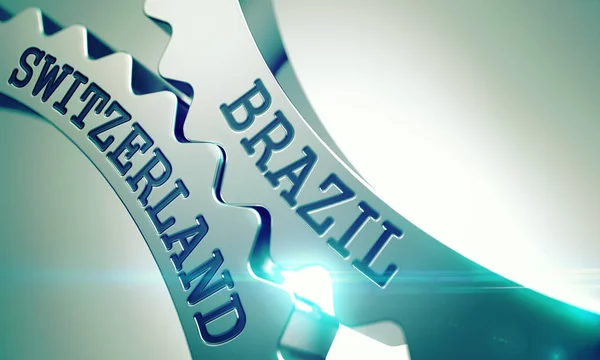 Szwajcaria Brazylia na mechanizm metalowe koło zębate przekładni. 3D. — Zdjęcie stockowe