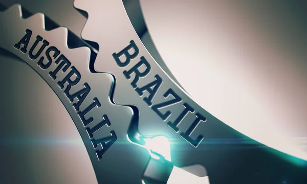 Australia Brazylia - tekst na mechanizm metalowe zębatki. 3D. — Zdjęcie stockowe