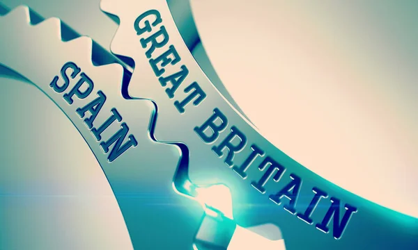 Great Britain Spain - Text on Mechanism of Metal Gears. 3D. — Stock Photo, Image