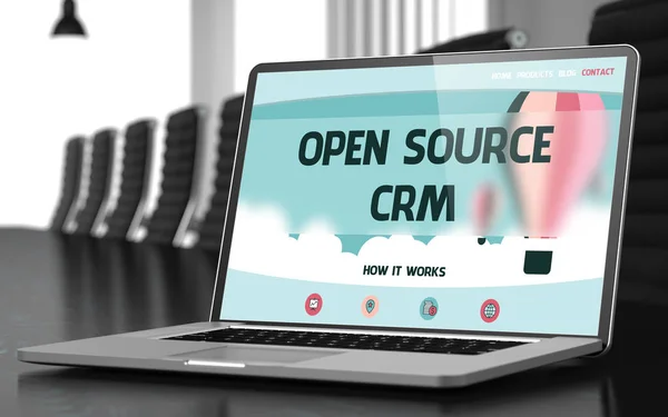 Zielseite des Laptops mit Open-Source-CRM-Konzept. 3d. — Stockfoto