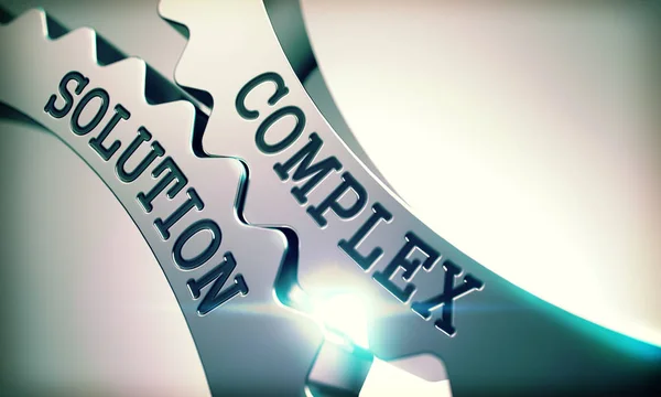 Komplex lösning - Text på mekanismen av metall kugghjul. 3D. — Stockfoto