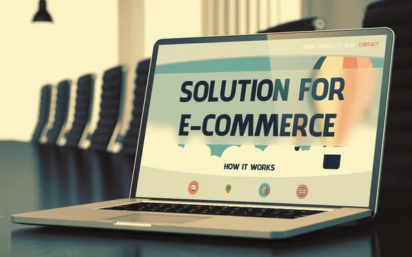 Oplossing voor E-Commerce op Laptop in de vergaderzaal. 3D. — Stockfoto