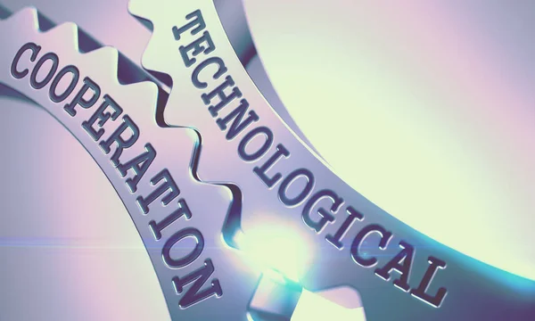 Technological Cooperation - Text on Metal Cog Gears. 3d. — Stock Photo, Image