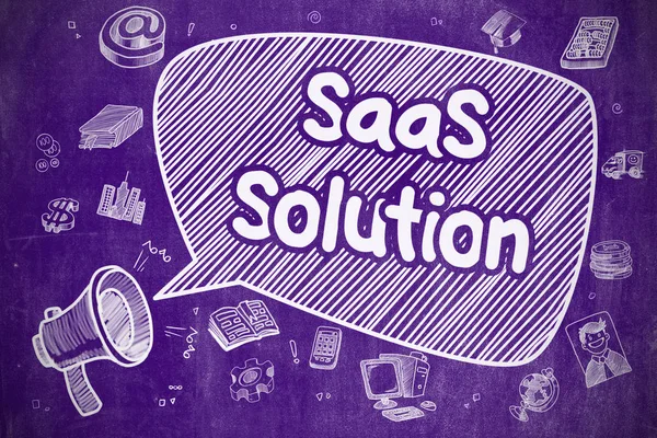 SaaS Solution - мультфильм на фиолетовой доске . — стоковое фото