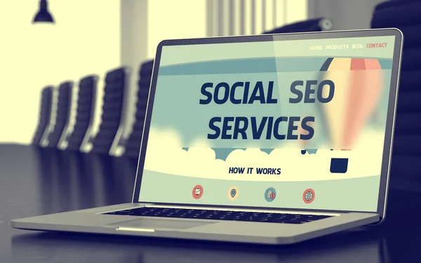 Social SEO Services Concept on Laptop Screen (en inglés). 3d . — Foto de Stock