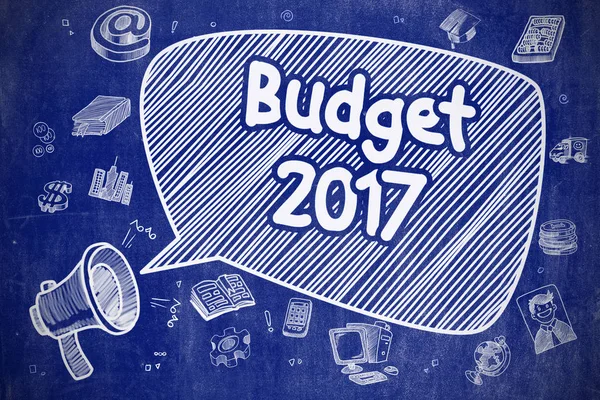 Budget 2017 - Cartoon afbeelding op blauwe schoolbord. — Stockfoto