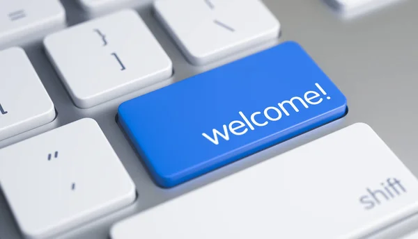 Välkommen - meddelande på blå tangentbord knappen. 3D. — Stockfoto