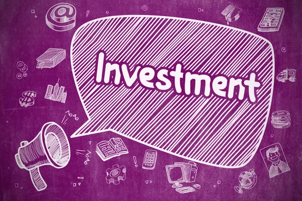 Investice - ručně kreslené ilustrace na fialové tabuli. — Stock fotografie