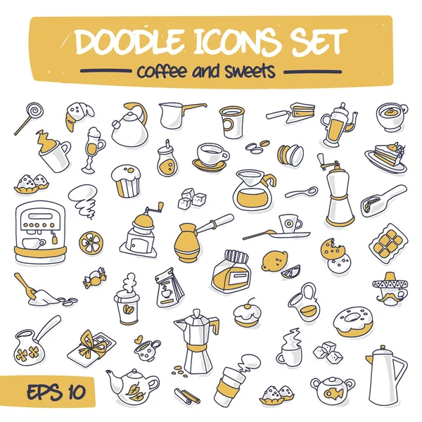 Conjunto de ícones de doodle fino - Café e doces . —  Vetores de Stock
