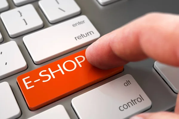 Hand vinger druk op E-Shop toetsenbord. 3D. — Stockfoto