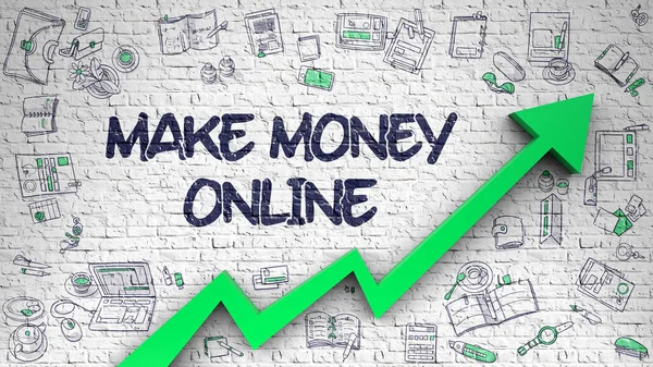 Make Money Online beyaz Brickwall çizilmiş. 3D. — Stok fotoğraf