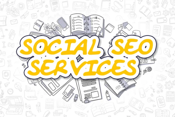 Sociala Seo tjänster - tecknad gul Word. Affärsidé. — Stockfoto