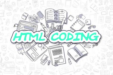 HTML kodlama - karikatür yeşil Word. İş kavramı.