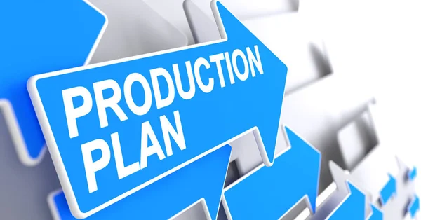 Productieplan - tekst op de blauwe pijl. 3D. — Stockfoto