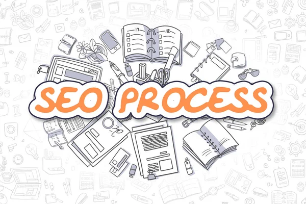 SEO Process - Cartoon Orange Text. Business Concept.