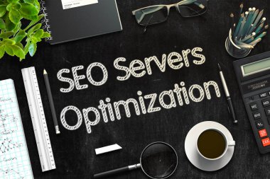 SEO sunucuları en iyi duruma getirme Siyah Kara tahta üzerinde. 3D render.