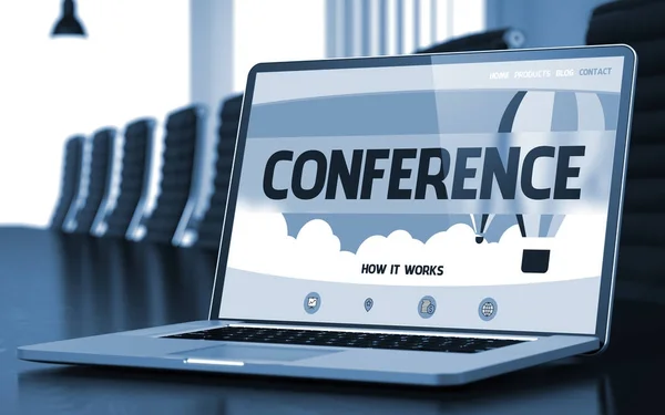 Concepto de conferencia en la pantalla del ordenador portátil. 3D . — Foto de Stock