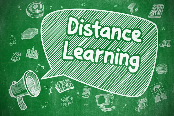 Distance Learning Doodle Illustration (dalam bahasa Inggris). Chalkboard Hijau . — Stok Foto