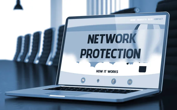 Protección de la red en el ordenador portátil en la sala de reuniones. 3D . — Foto de Stock